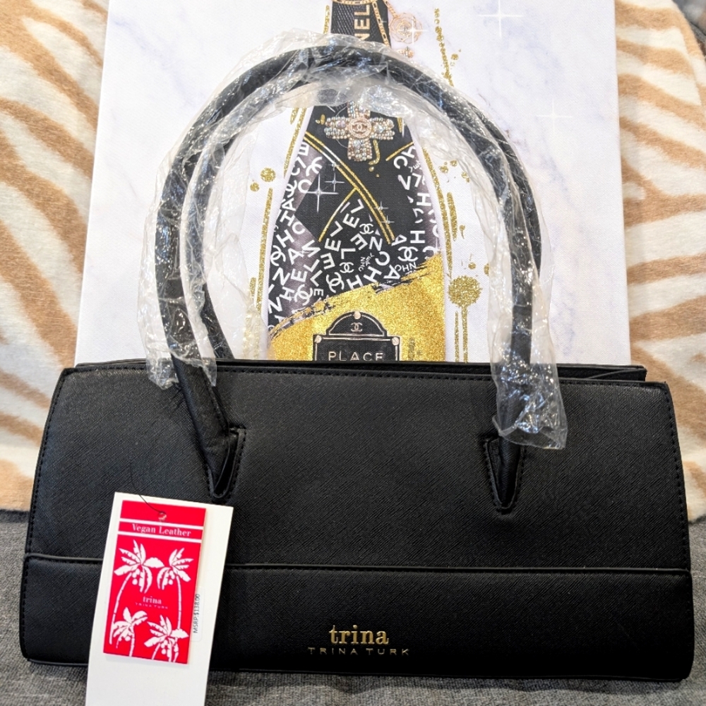 Trina Turk Colorblock Satchel with detachable shoulder strap, Black w/Black, NWT